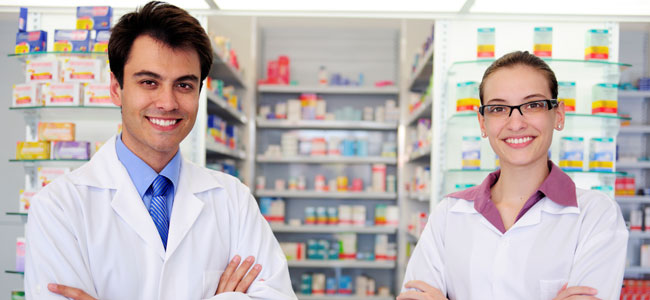 two pharmacy workers
